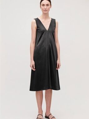 COS Smooth Sleeveless Midi Dress Black Deep V Neck Minimalist Size 2